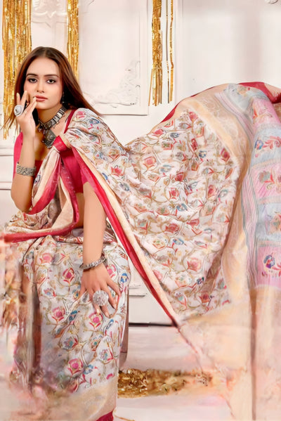 942002 Very Elegant Chiffon Crepe Silk Print Saree with Swarovski on Border - Rani