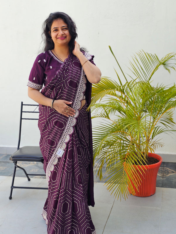 Designer Bandhani Saree With Ready made Stitched Blouse- Purple