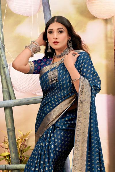 920005 Georgette Crepe Silk Saree with Small Prints and Banarasi Border - Blue