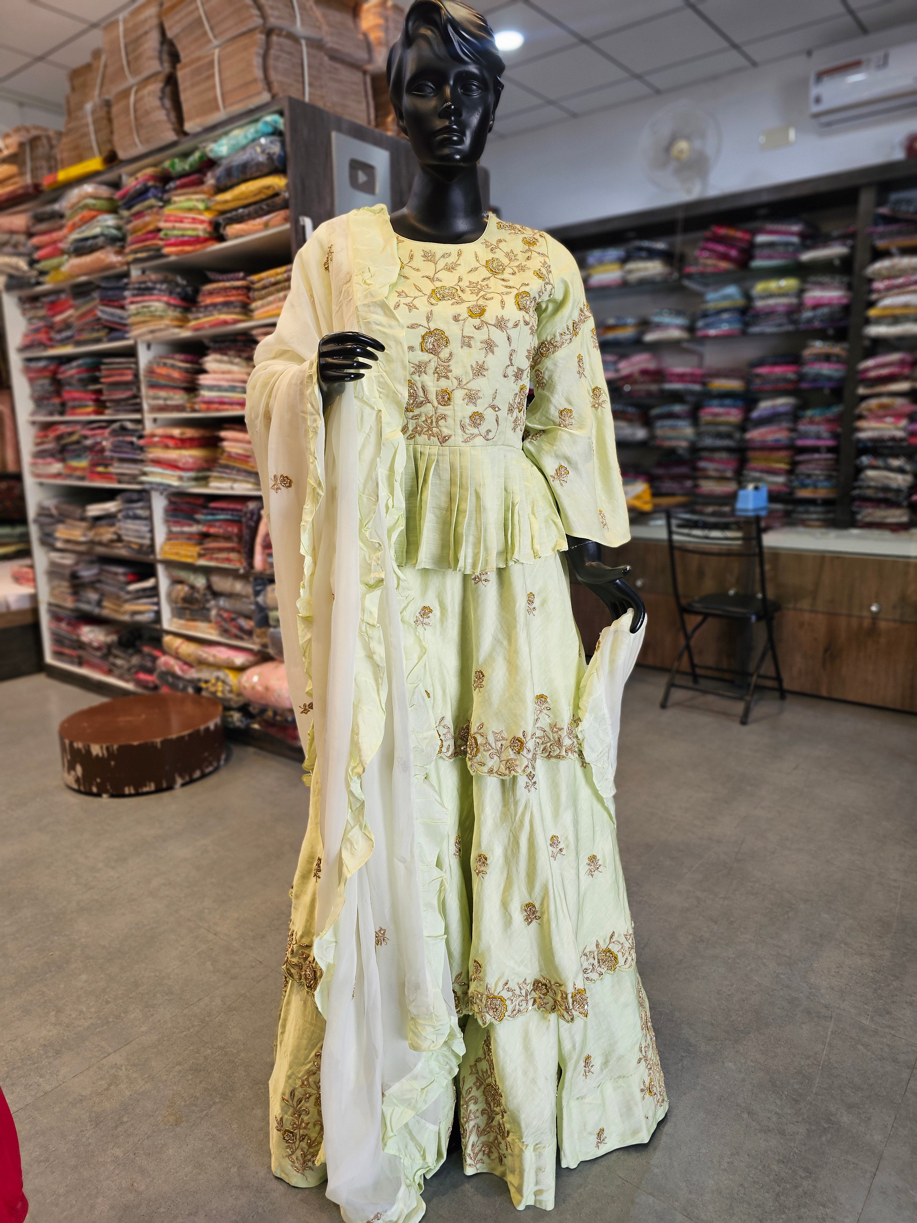 7466 Premium Hand Zardosi Work Maslin Silk Peplum Short Kurti with Laired Skirt with Organza Dupatta