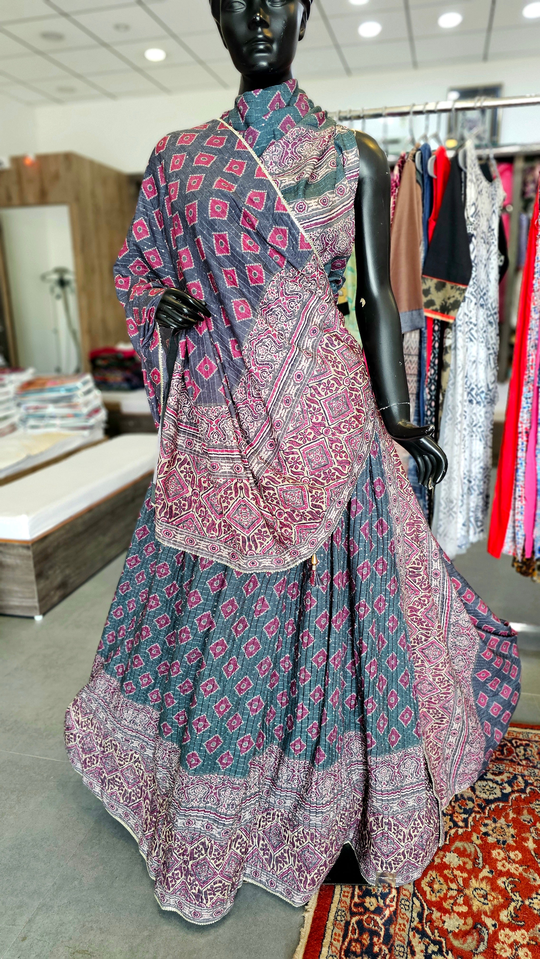 156008 Ajrakh Lehanga with Heavy Dupatta Set  and Sequence Work on All Over Lehanga