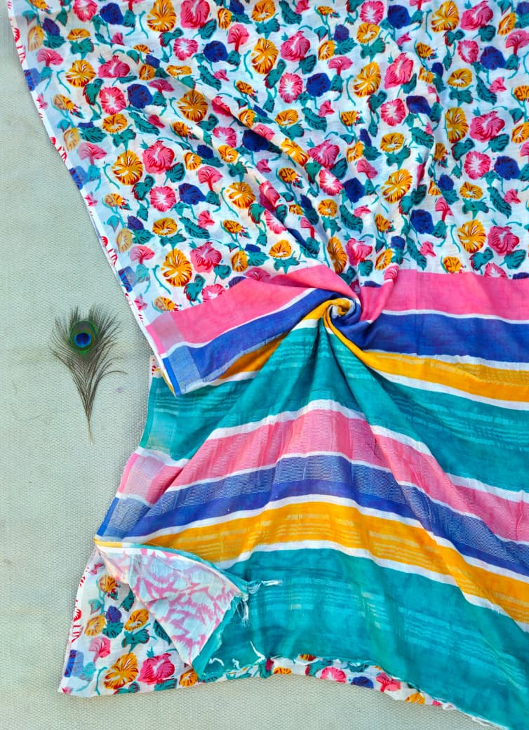 100505 Pure Rajasthani Natural Cotton Linen Hand Printed Saree