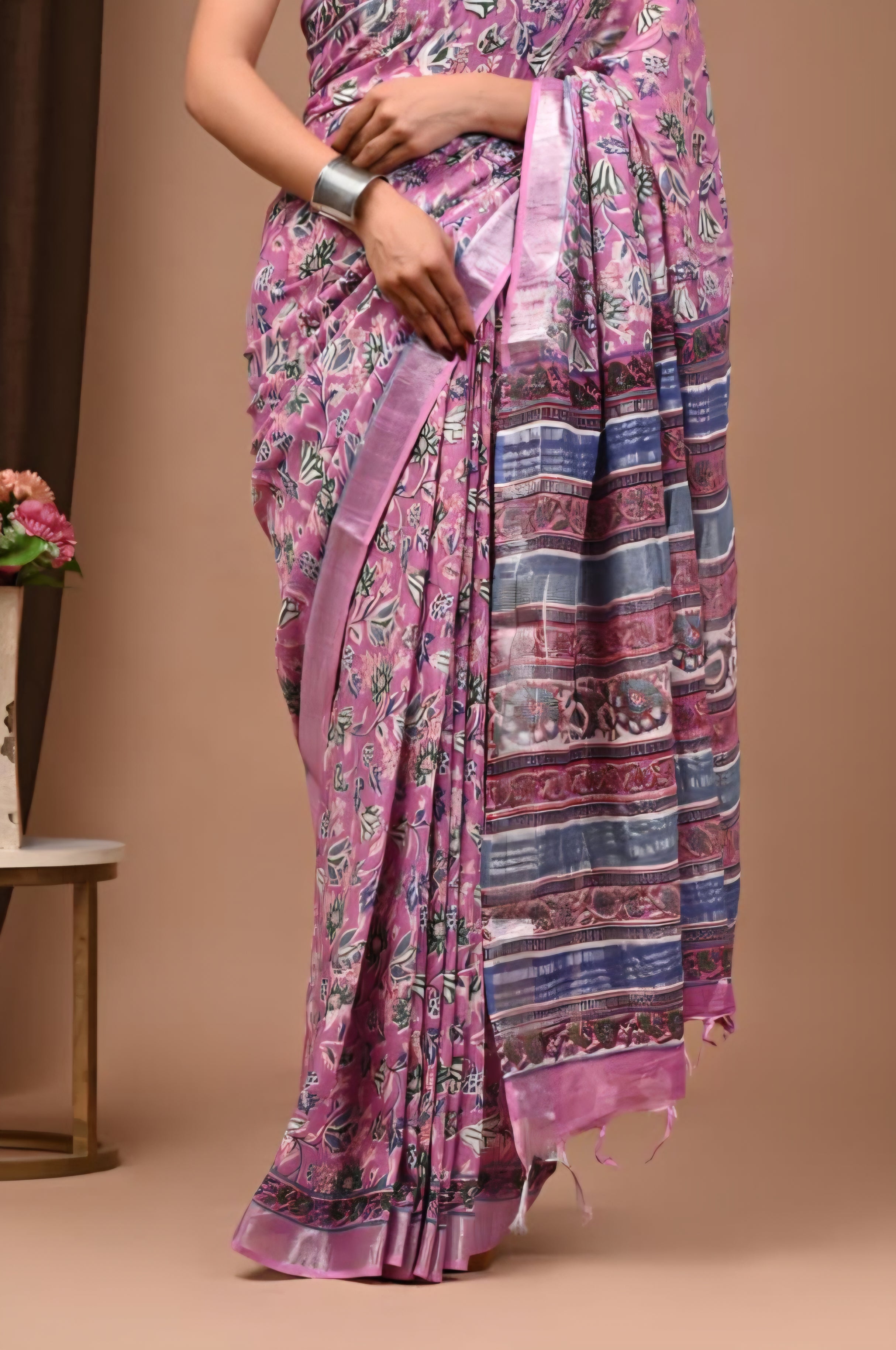 102503 Pure Rajasthani Natural Cotton Linen Hand Printed Saree