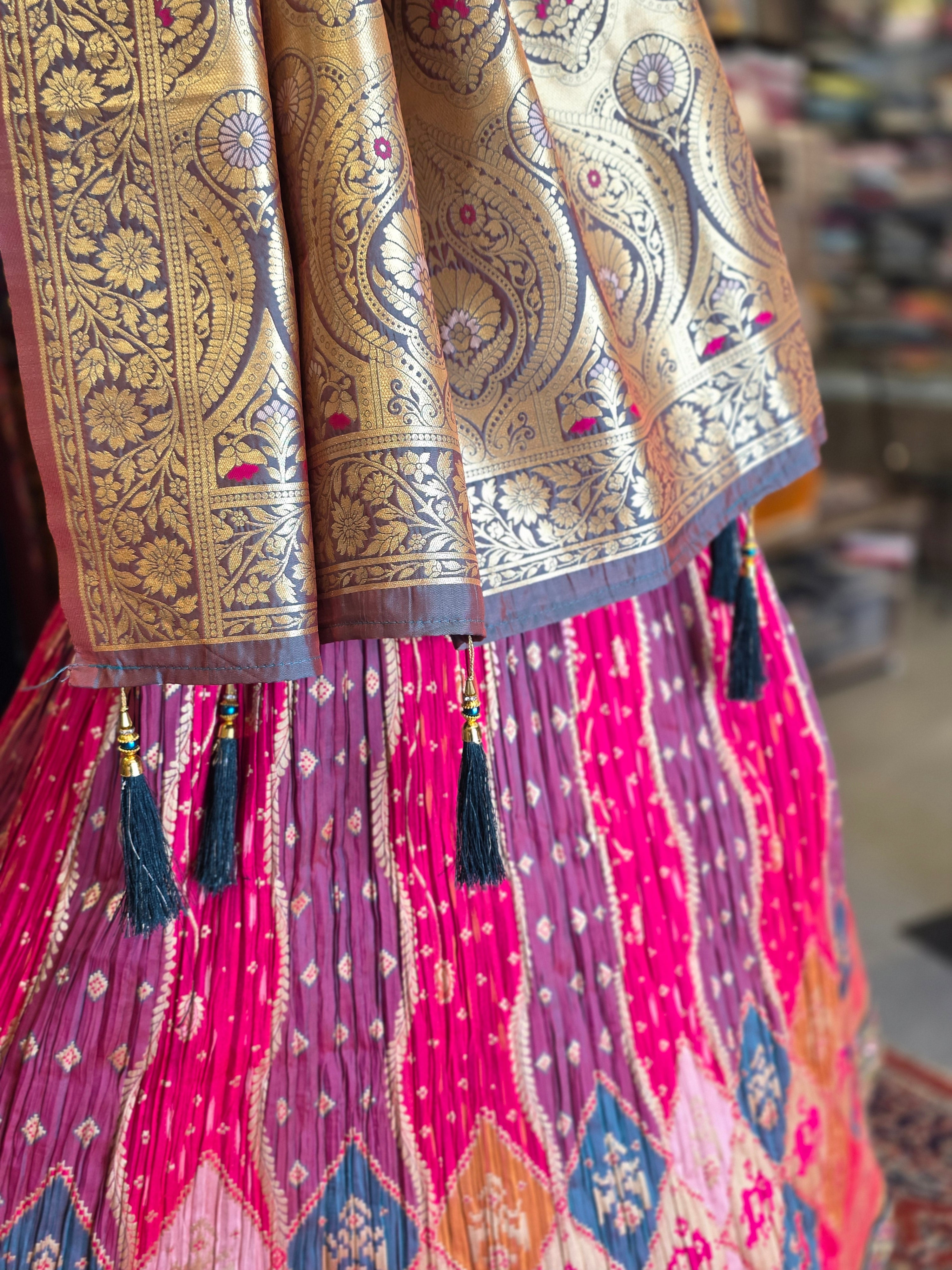 930001 Soft Silk Crush Patola Unstitched Lehenga with Heavy Work Blouse & Banarasi Silk Dupatta