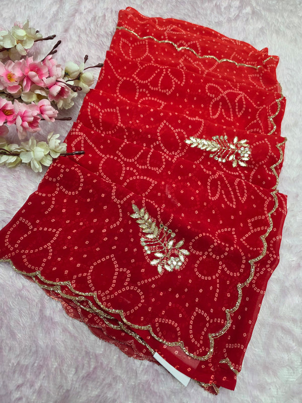 966001 Traditional Bandhani Georgette Saree with Hand Cutdana Work - Red
