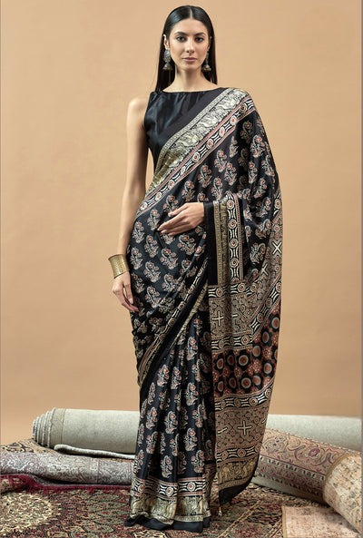 971001 Trending Ajrakh Print Semi Modal Silk Saree