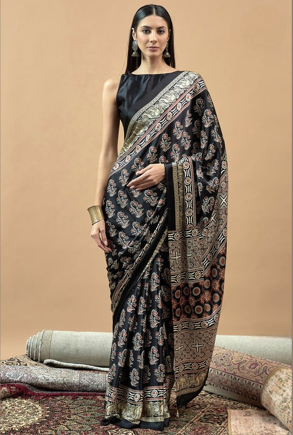 971001 Trending Ajrakh Print Semi Modal Silk Saree