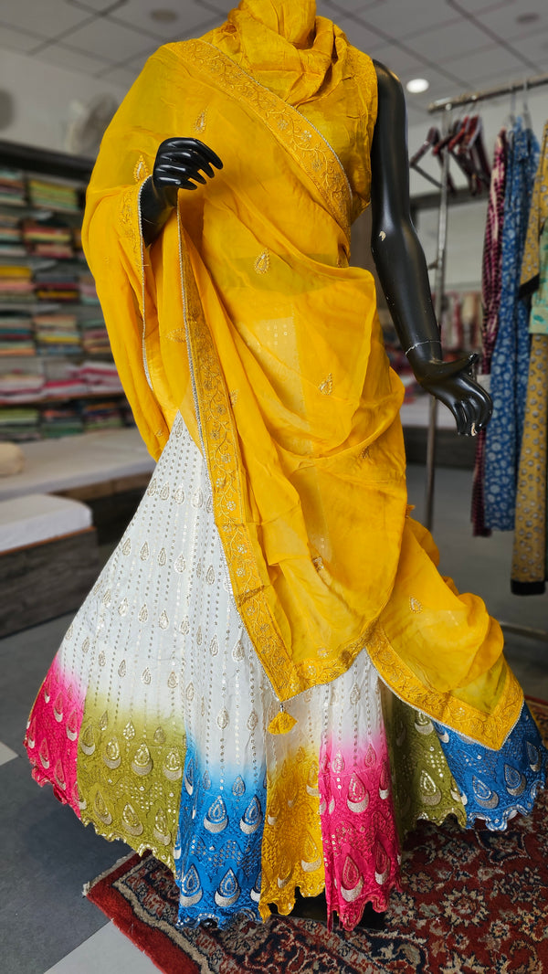 11092 Multicolor Crepe Silk Lehenga with Soft Organza Dupatta