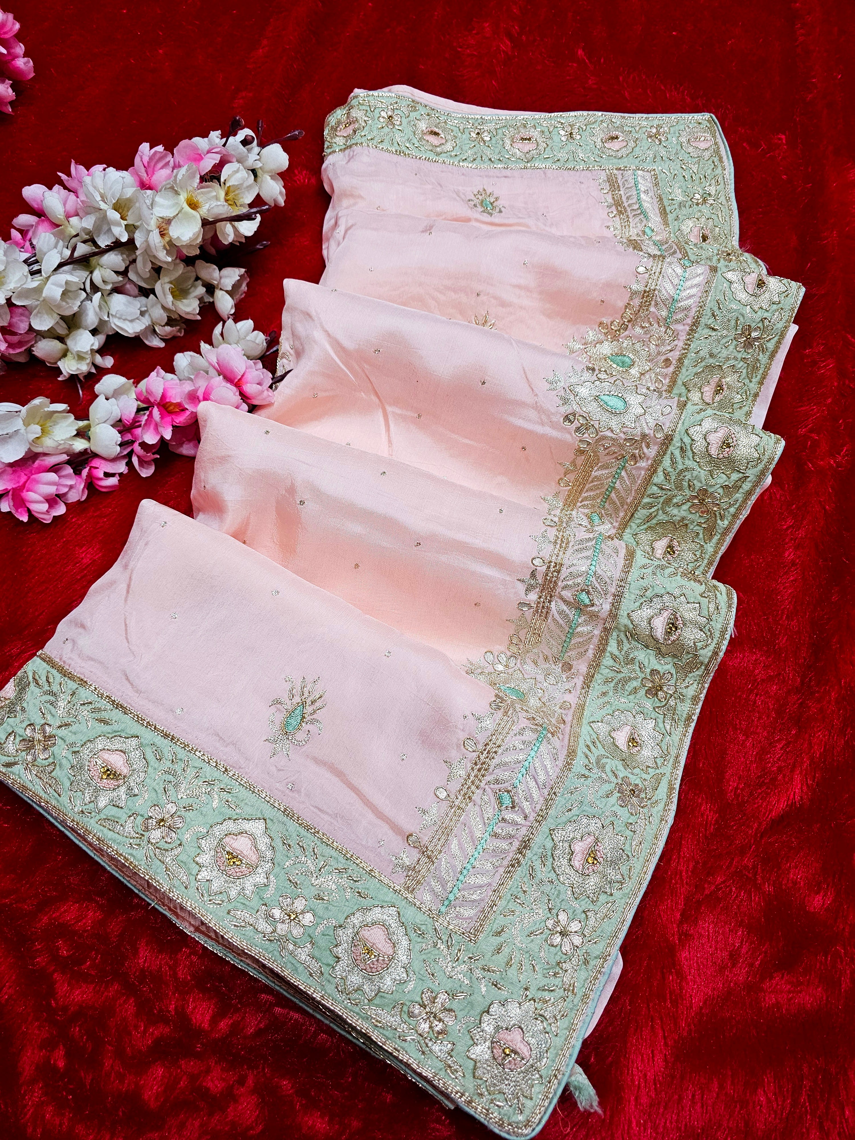 6630 Pure Upada Silk Premium Saree with Very Elegant Hand Pitta and Mukesh Work Pink Saree