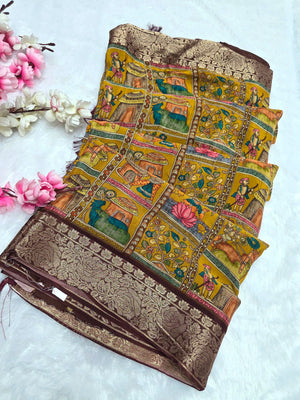 CA1538 Pure Chinon Silk Traditional Kalamkari Mustered Color Saree with Zari Weaving Border