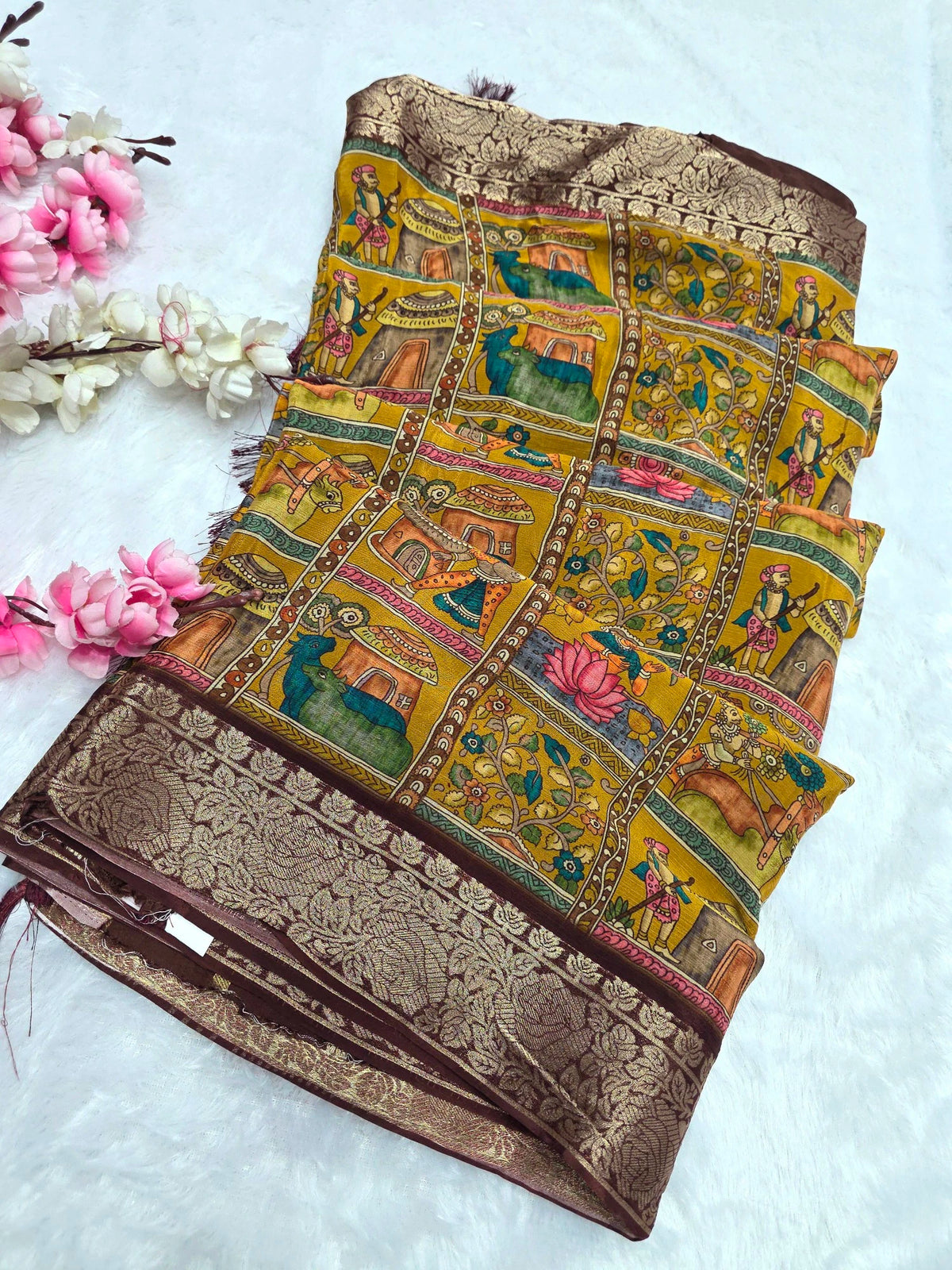 CA1538 Pure Chinon Silk Traditional Kalamkari Mustered Color Saree with Zari Weaving Border