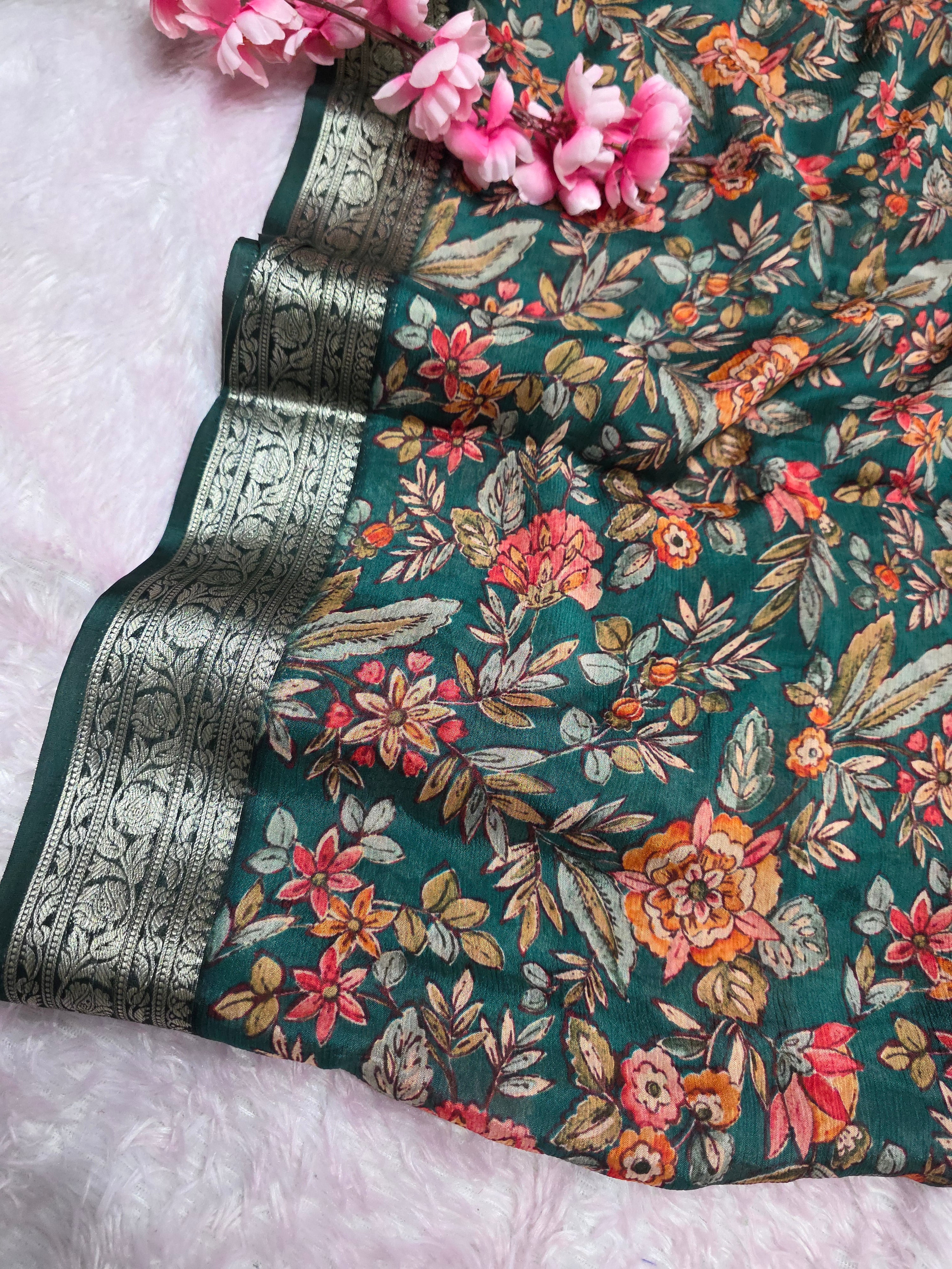 CA0702 Pure Chinon Silk Flower Print Green Saree