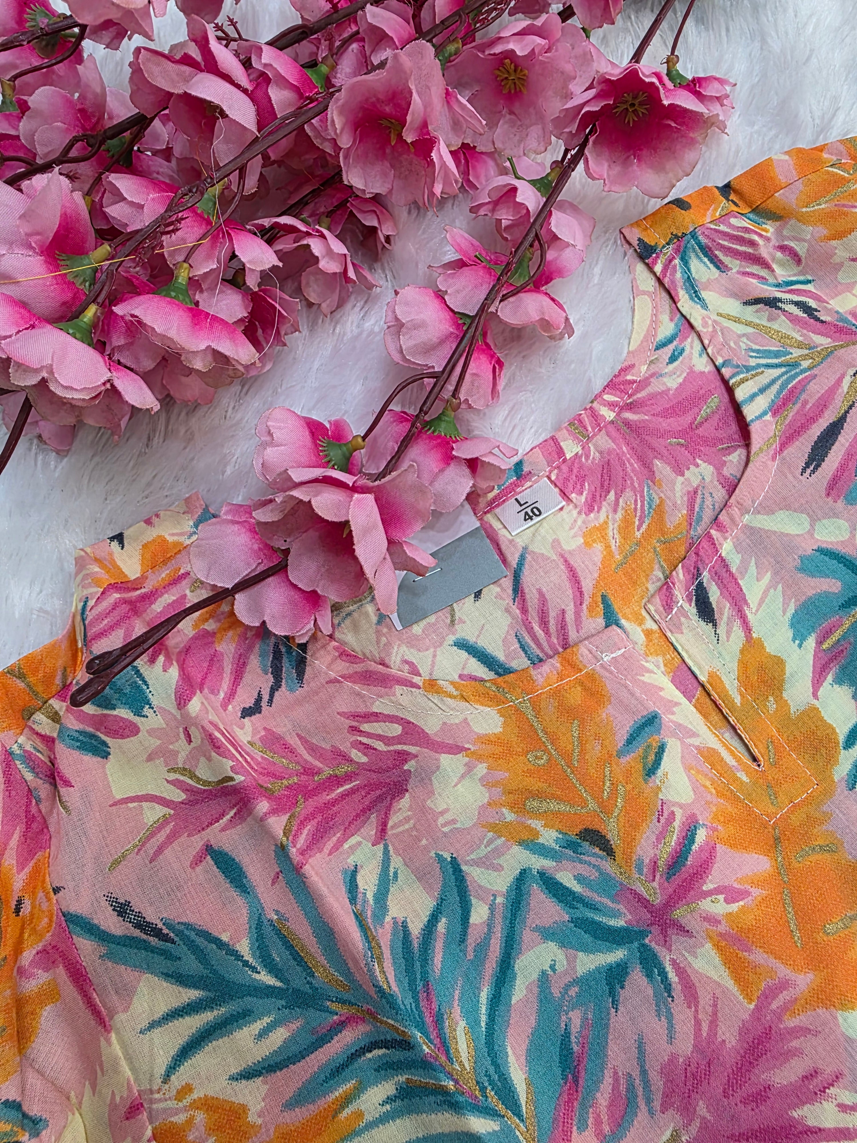 1758 Pure Cotton Hand Block Printed Shot Kurtis (Pink)