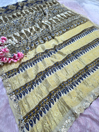 CA0757 Pure Modal Silk Hand Ajrakh Saree with Aari - Tari Work - Cream