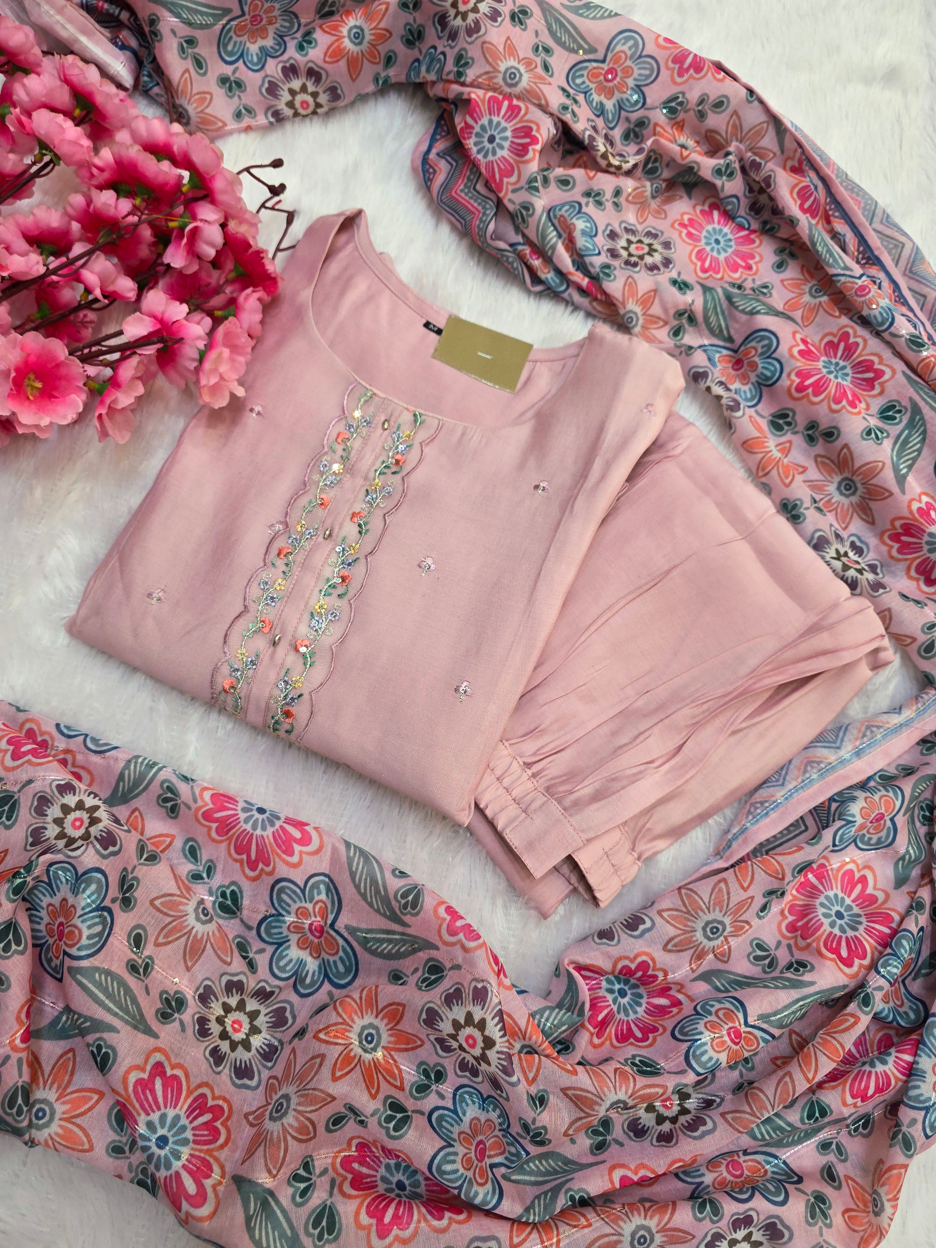 C81003 Designer Silk Straight Kurti Set With Pant and Dupatta