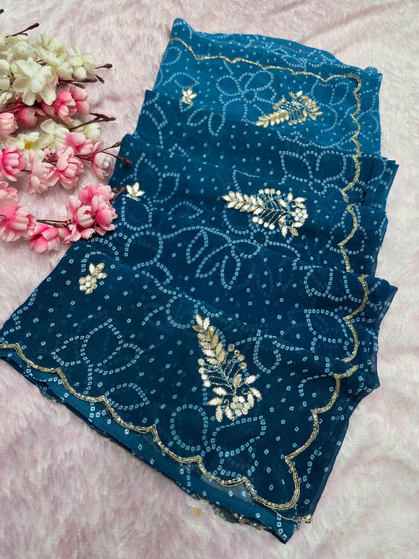 966001 Traditional Bandhani Georgette Saree with Hand Cutdana Work - Blue