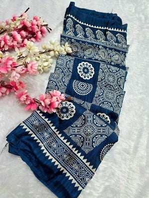 DS287 Semi Dola Silk Block Print Saree - Navy Blue