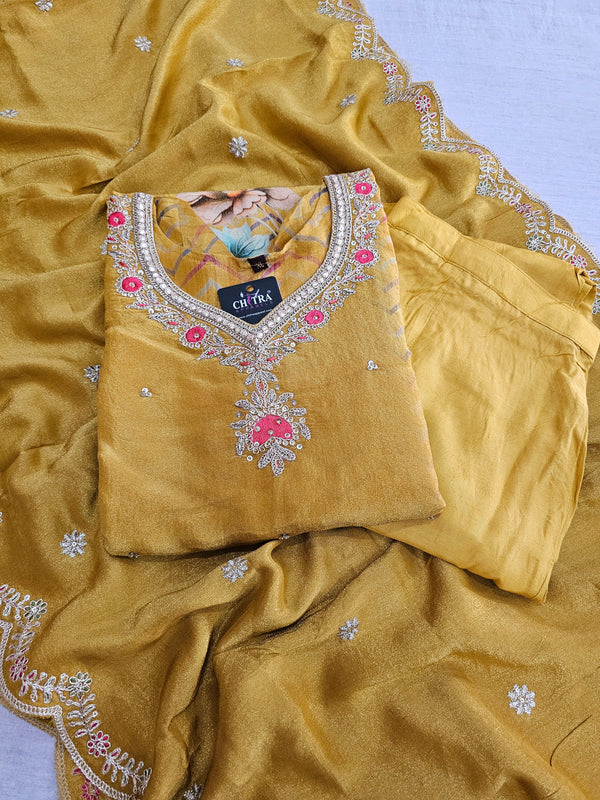 691006 Pure Georgette Shimer Silk Designer Kurti with Heavy Dupatta And Pant