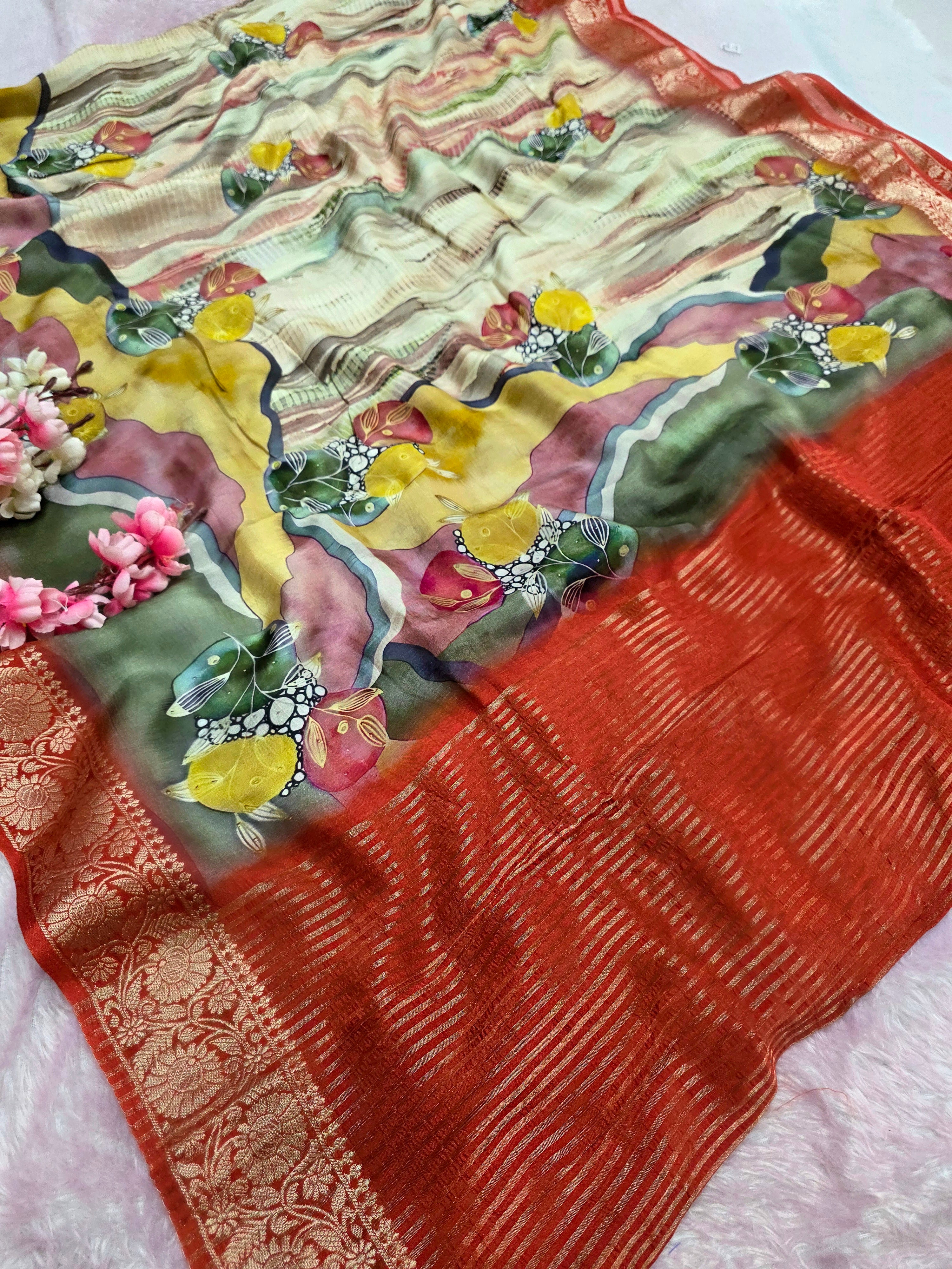 102305 Beautiful Pure Maslin Silk Flower Print Saree with Zari Weaving Border and beautiful Brocket Blouse
