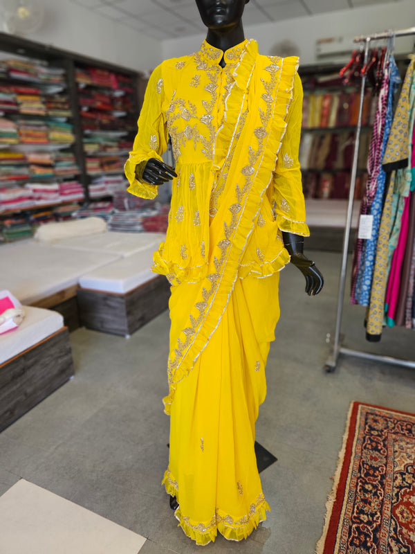 8032 Stylish Pure Georgette Saree with Peplum Style Ready Heavy Work Blouse