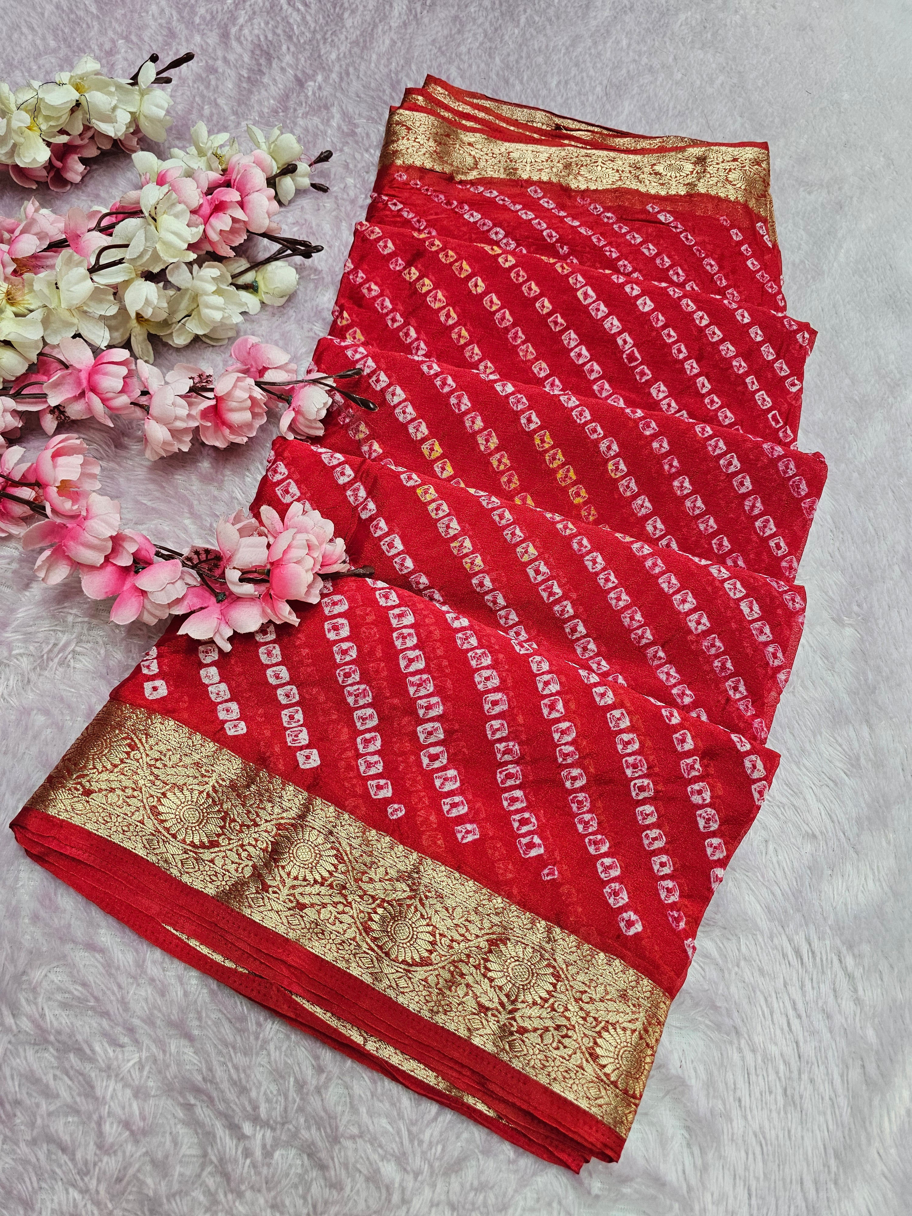 12529 Traditional Hand Bandhani Chinon Silk Soft Saree - Red