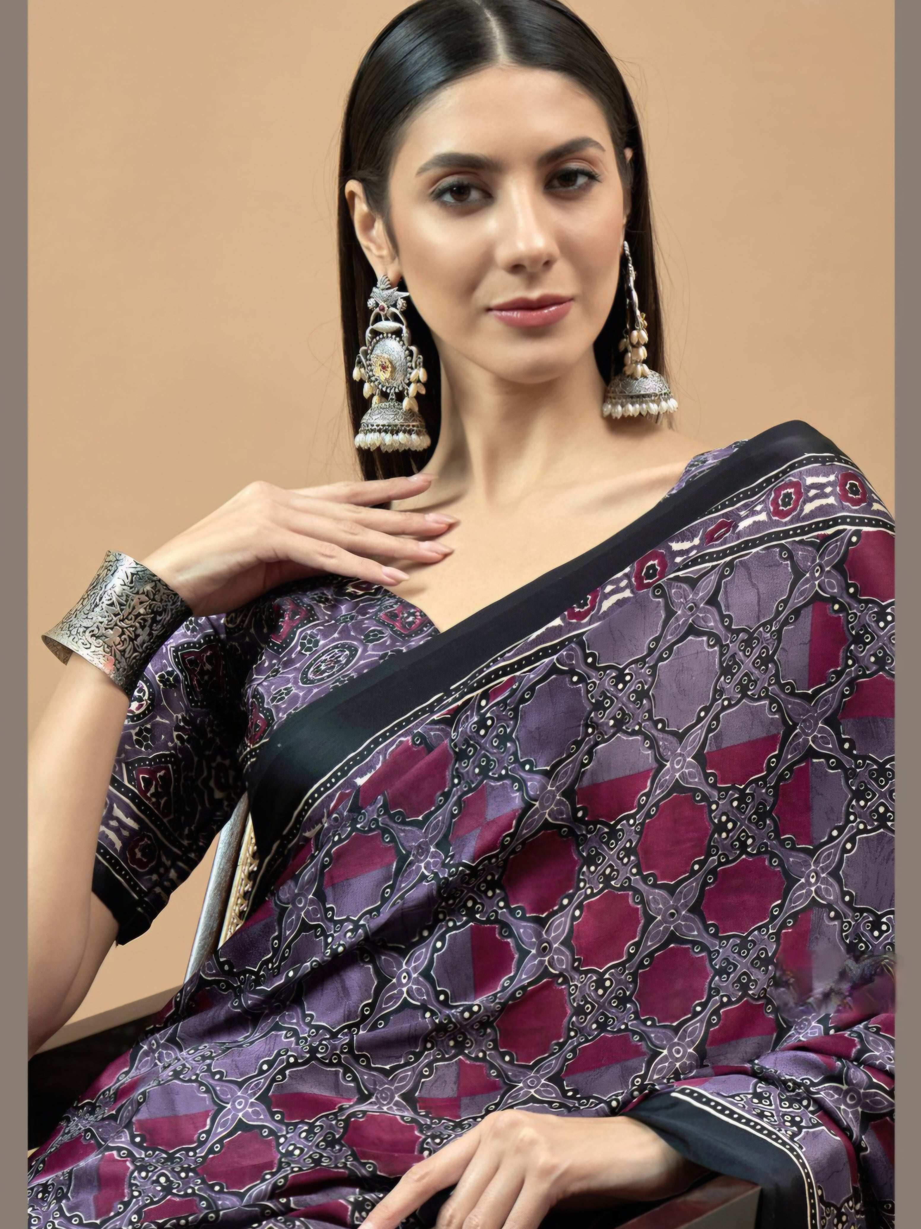 740003 Traditional Ajrakh Print Semi Modal Silk Saree