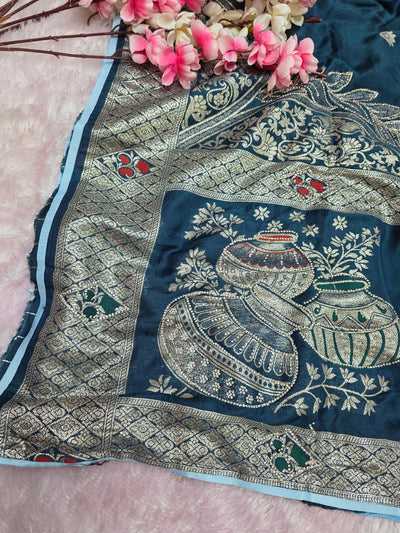 शुद्ध टसर सिल्क हाथ से बनी लेहरिया साड़ी प्रीमियम गोटापट्टी वर्क के साथ - 8837