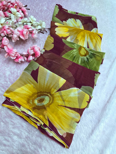 103904 Lightweight Elegant Semi Chiffon Flower Print Saree - Wine
