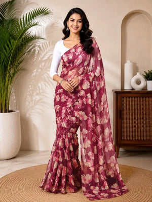 CA1031 Lightweight Elegant Semi Chiffon Flower Print Saree - Onion