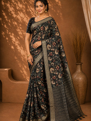 CA0706 Chinon Silk Traditional Print Black saree
