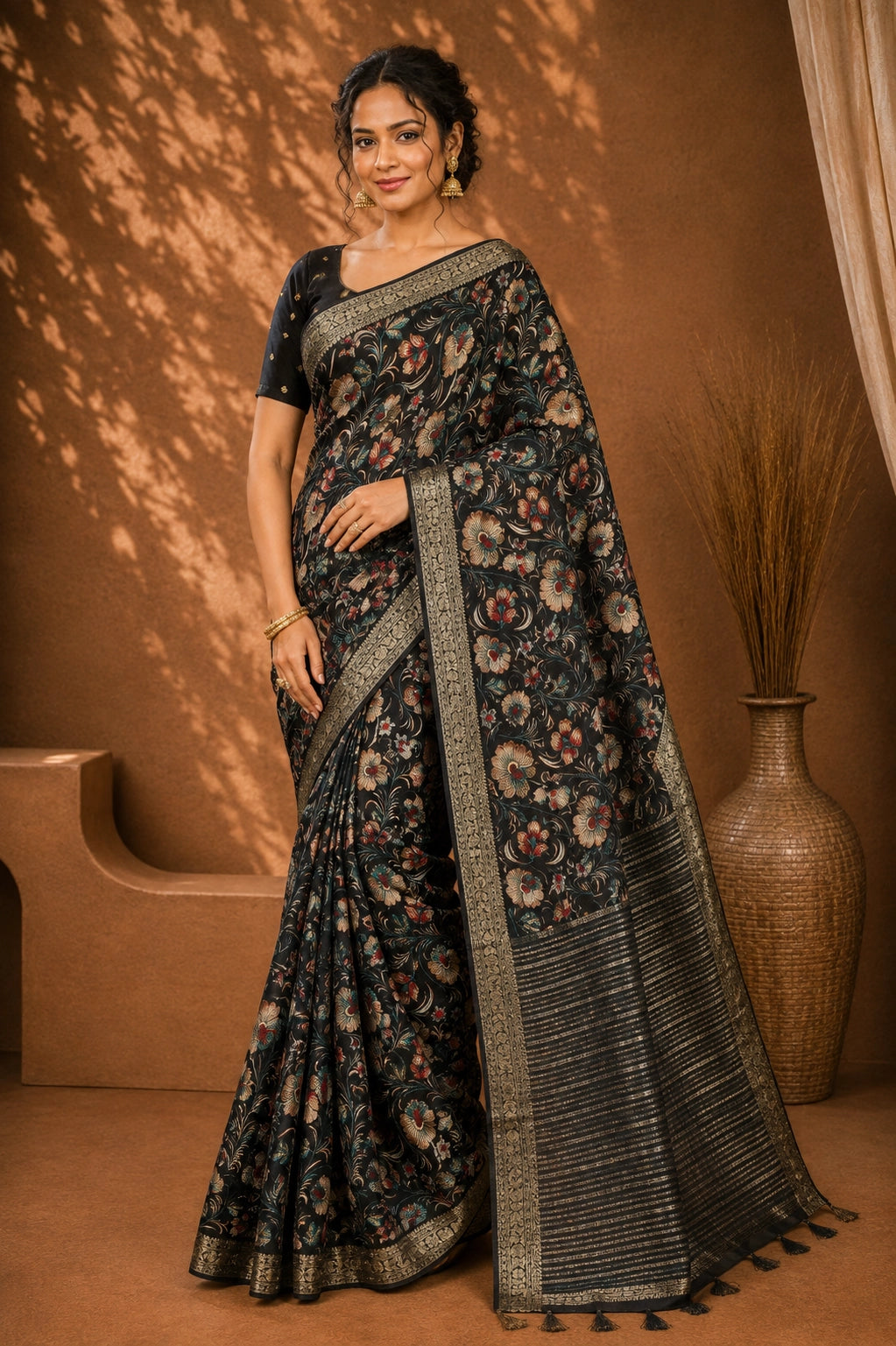 CA0706 Chinon Silk Traditional Print Black saree