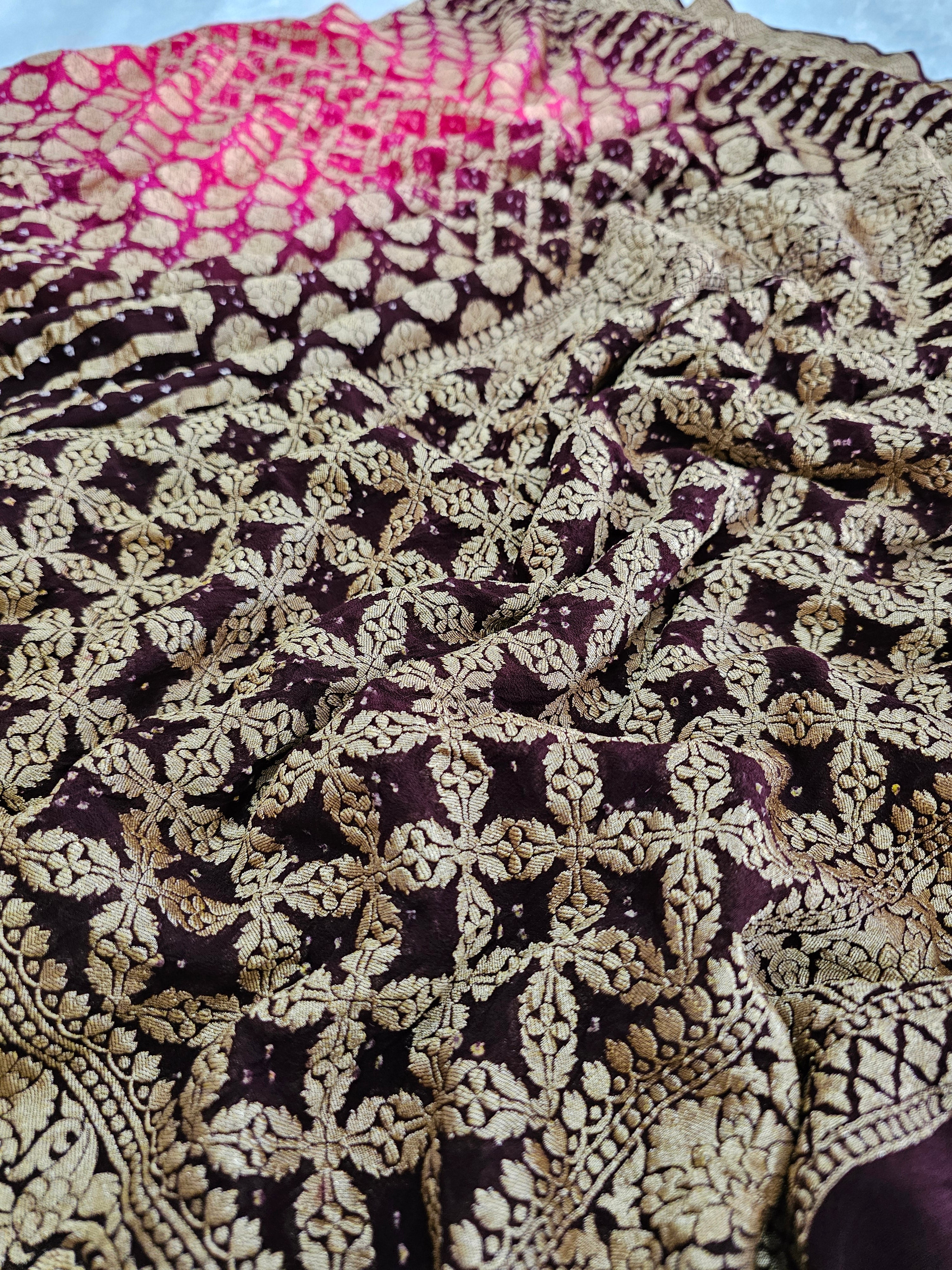 755006 Pure Georgette Coffee and Carrot Color Rai Dana Bandhani Saree