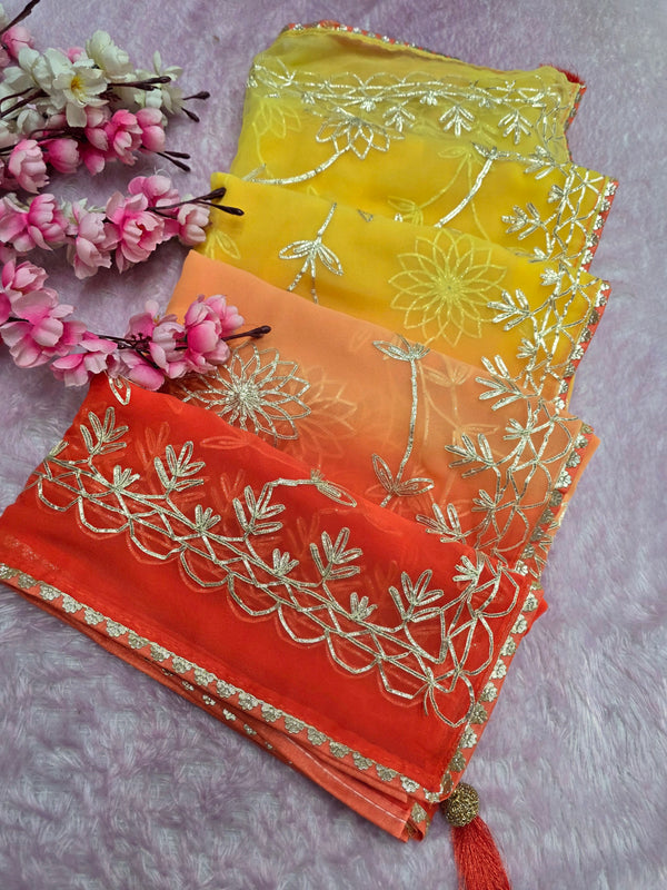 969003 Rajwadi Party Wear Royal Georgette Saree with Gotapatti Work - Yellow Orange