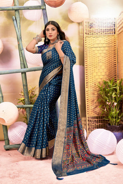 920005 Georgette Crepe Silk Saree with Small Prints and Banarasi Border - Blue