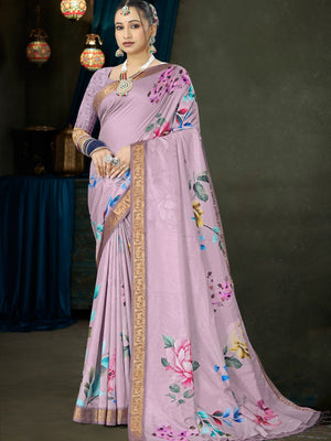982007 Bollywood Style Soft Crepe Silk Flower Print Saree with Zari Weaving Border