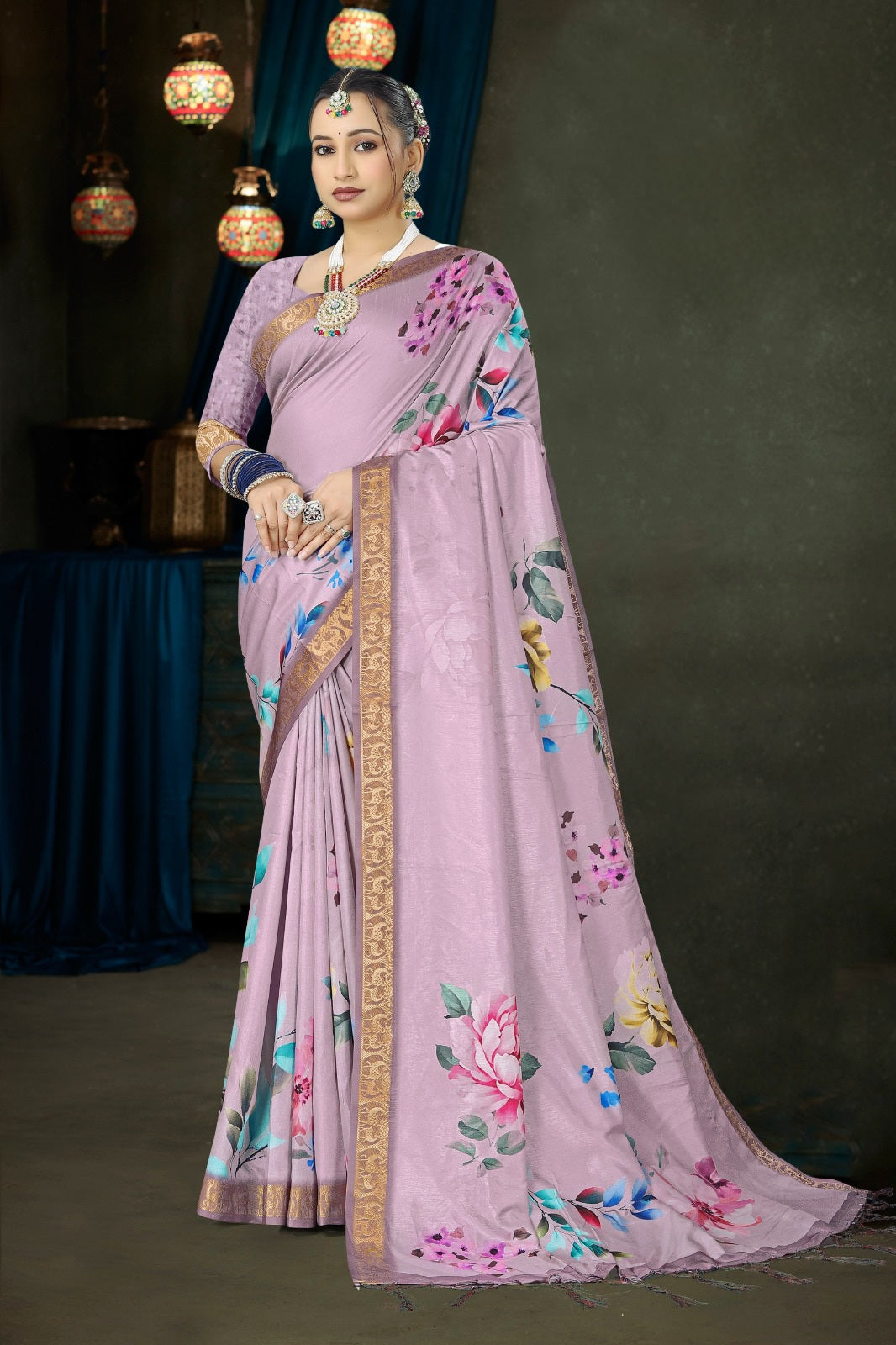 982007 Bollywood Style Soft Crepe Silk Flower Print Saree with Zari Weaving Border