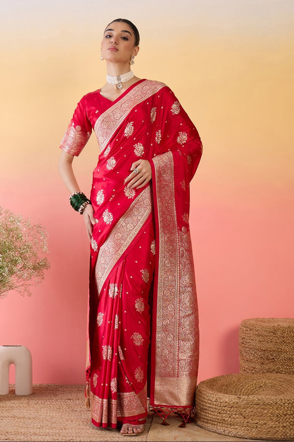 912002 Flower Butta Banarasi Satin Silk Saree - Rani