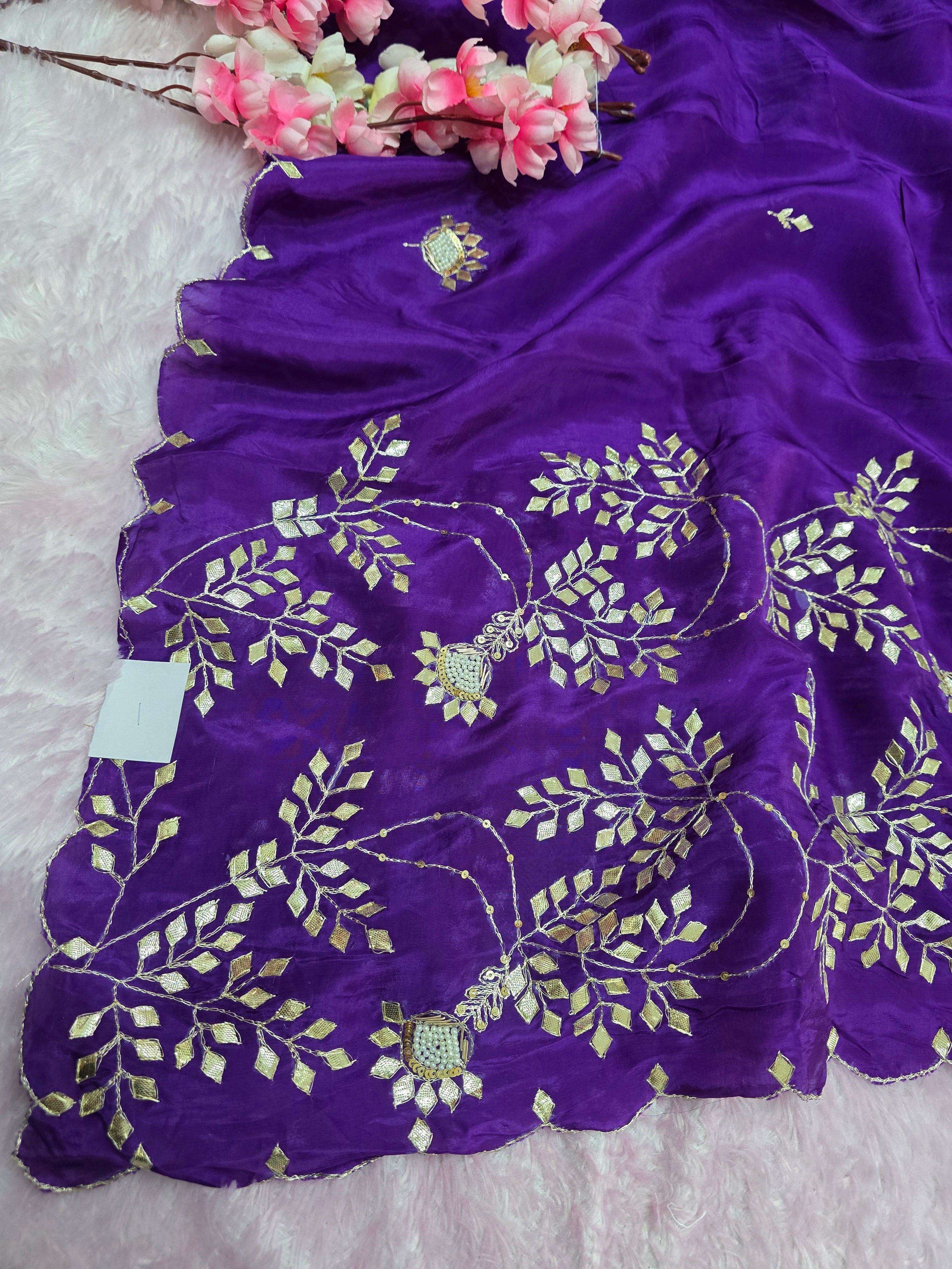 102601 Pure H.O. Silk Designer Saree with Rajasthani Aari Tari , Pearl and Gota Patti Work - Purple