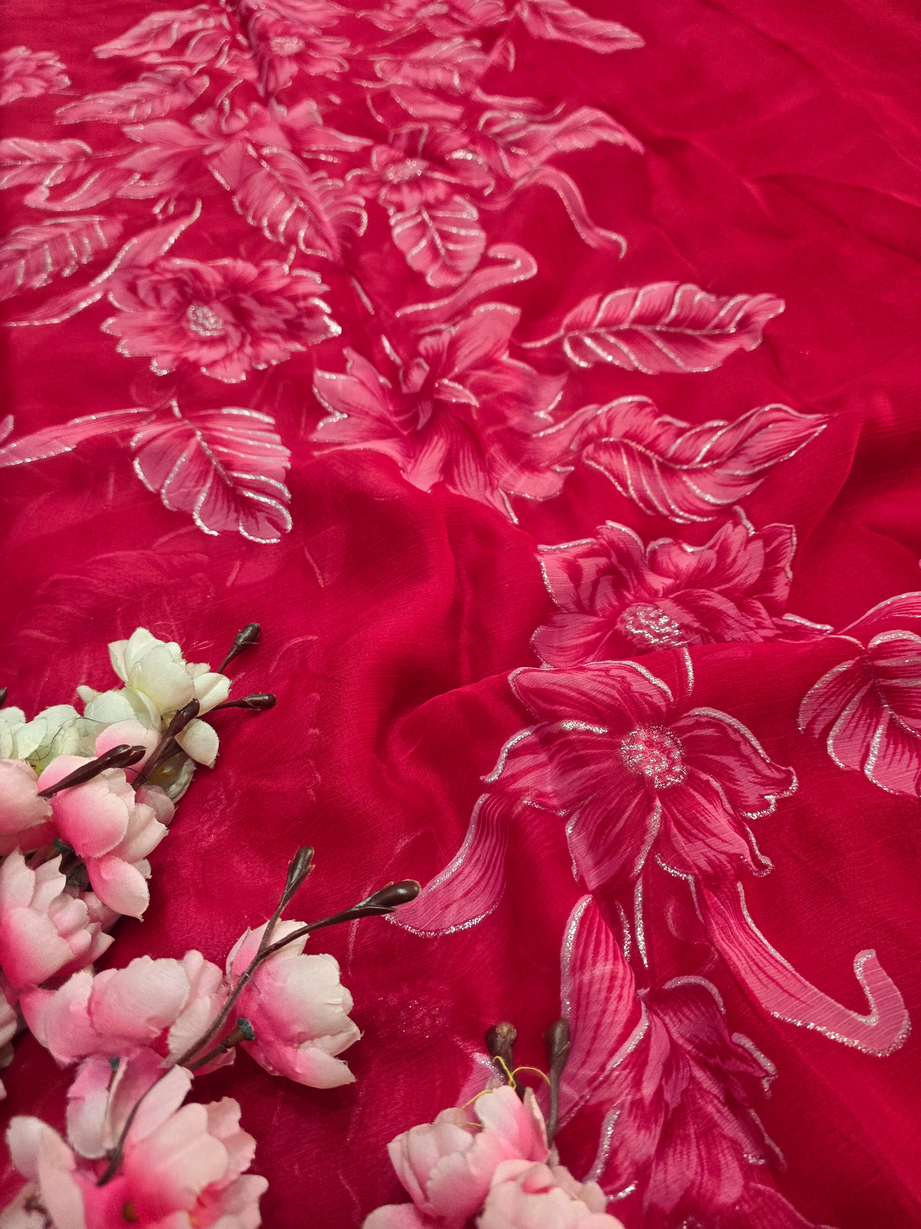 991003 Lightweight Elegant Semi Chiffon Flower Print Saree with Zari Print - Rani