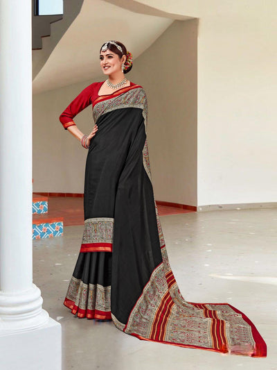 920002 Very Soft and Premium Looking Cotton Saree with Zari Border - Black