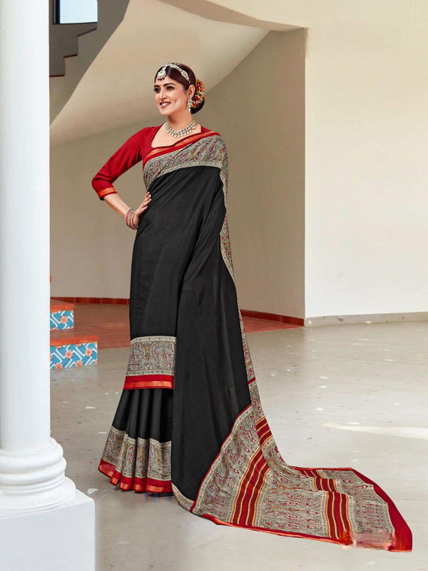 920002 Very Soft and Premium Looking Cotton Saree with Zari Border - Black