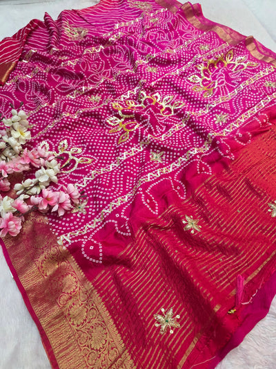 12258 Exclusive Rajasthani Pure Dola Silk Handmade Lahriya Saree With Bandhani Pallu and Premium Pitta Work - Rani