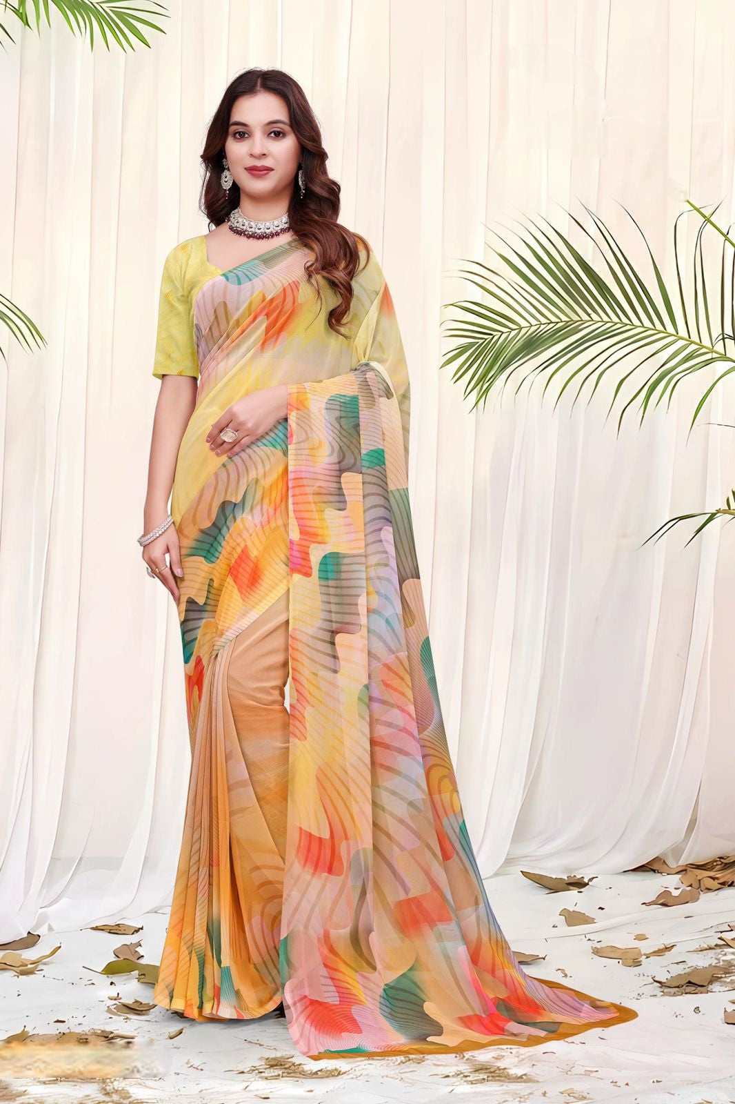 695012 डिजिटल फ्लावर प्रिंट जॉर्जेट क्रेप साड़ी