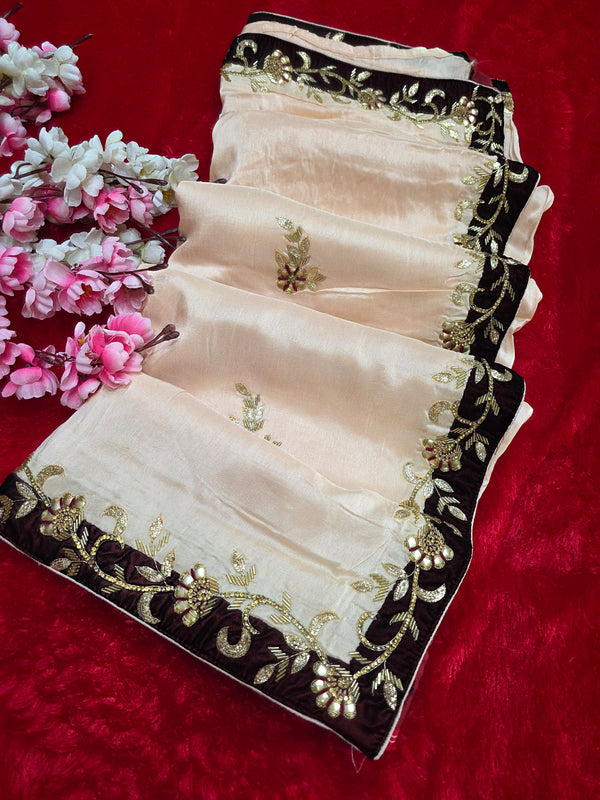 5464 Pure Russian Silk Beautiful Hand Crafted Designer Peach Saree with Heavy Micro Velvet Blouse