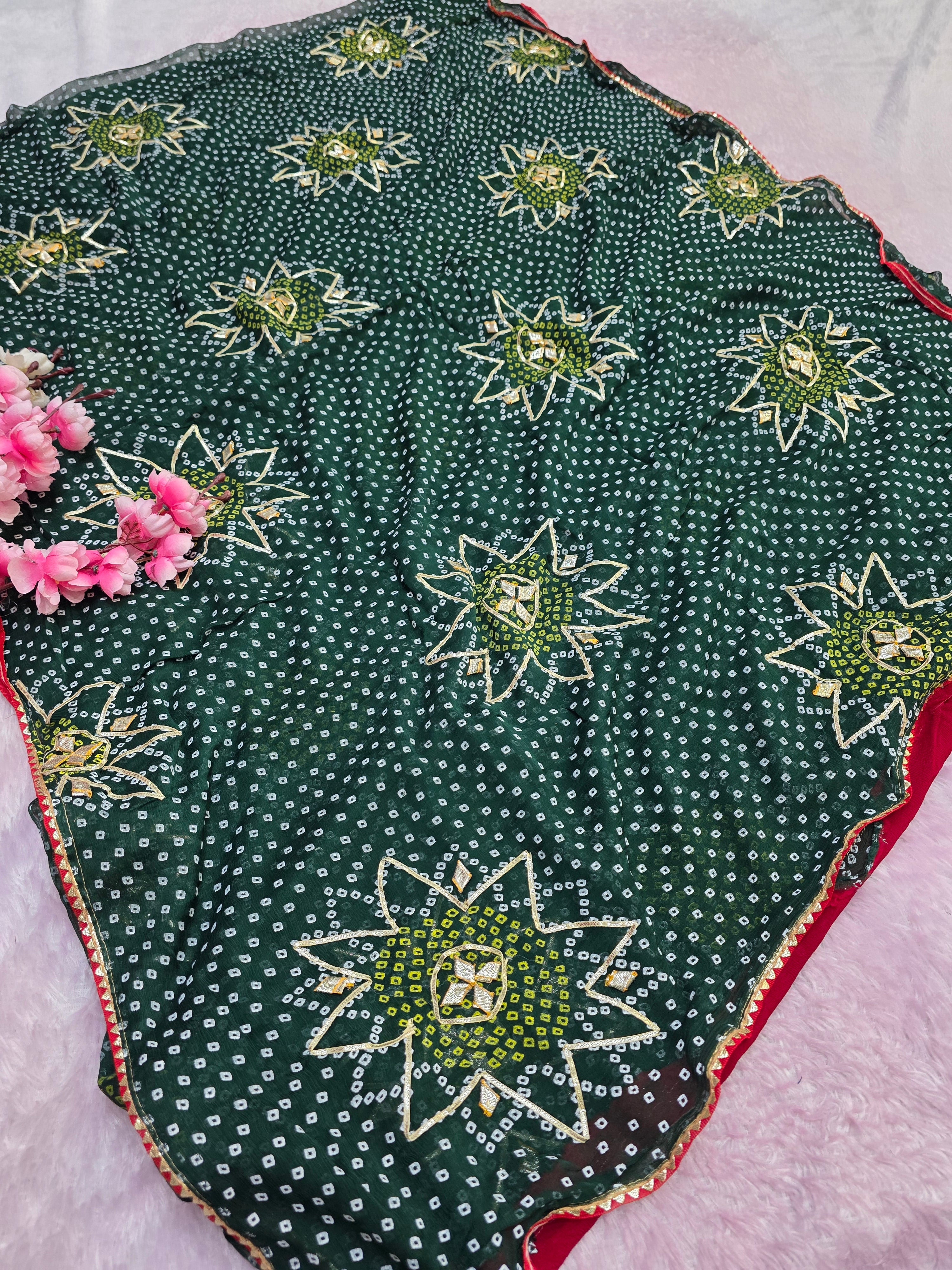 12475 Pure Chiffon Bandhani Saree with Gotapatti Work - Green