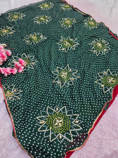 12475 Pure Chiffon Bandhani Saree with Gotapatti Work - Green