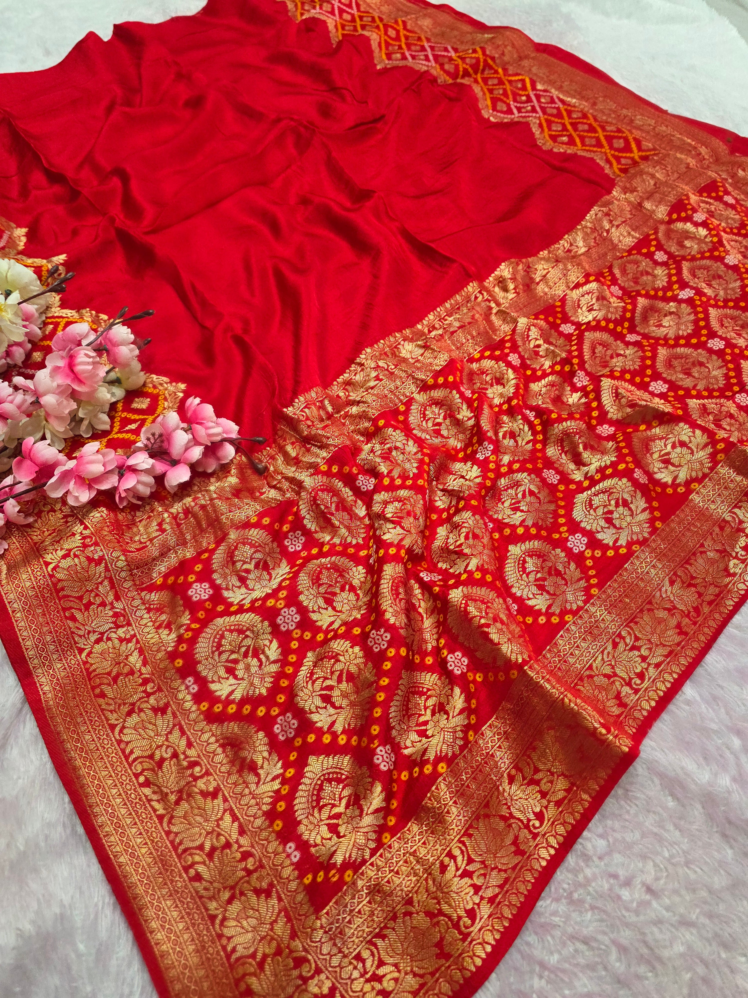12473 Traditional Bandhani Saree with Banarasi Weaving Saree - Red