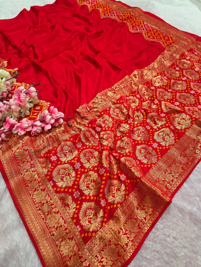 12473 Traditional Bandhani Saree with Banarasi Weaving Saree - Red