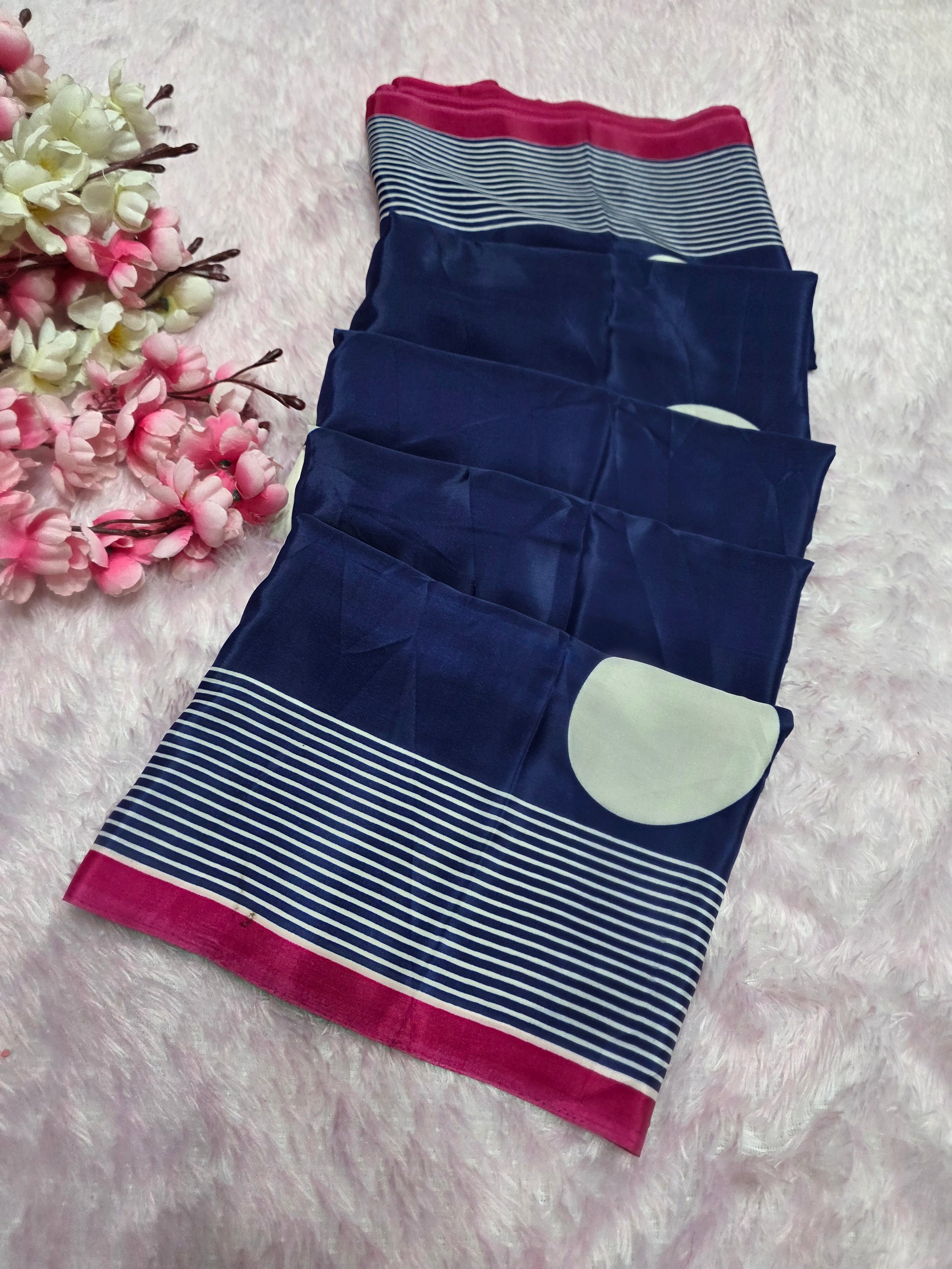 939001 Retro Style Polka Dots Print Satin Silk Saree - Blue