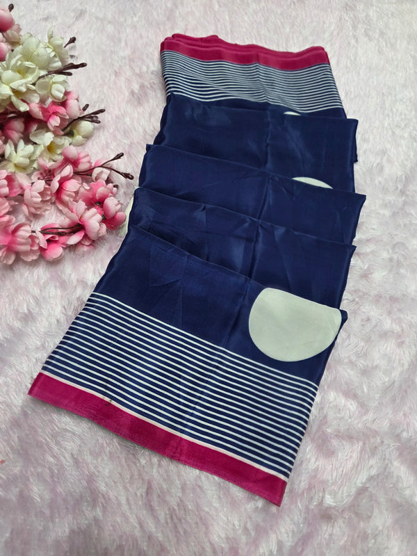 939001 Retro Style Polka Dots Print Satin Silk Saree - Blue